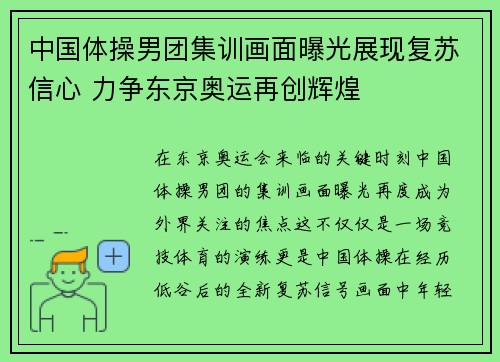 中国体操男团集训画面曝光展现复苏信心 力争东京奥运再创辉煌